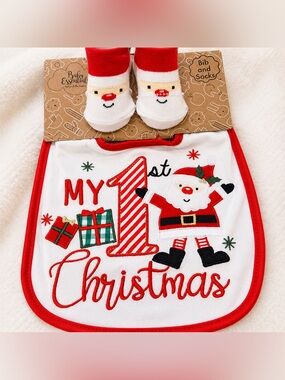Baby First Christmas Bib & Socks Set Santa Red White Holiday Outfit